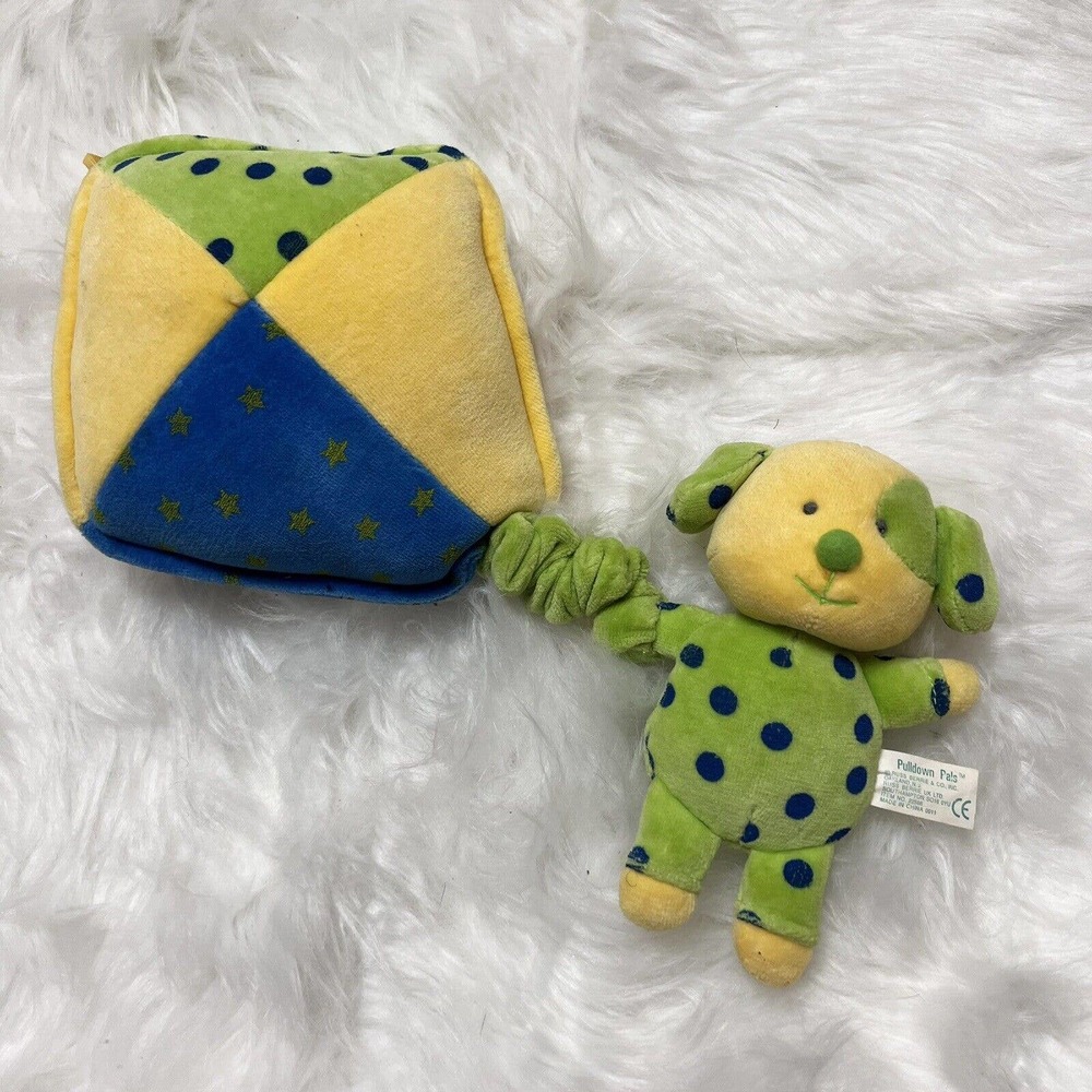 Vtg Russ Berrie Plush Pulldown Pals Musical Dog Hanging Crib Toy Kite Blue Green